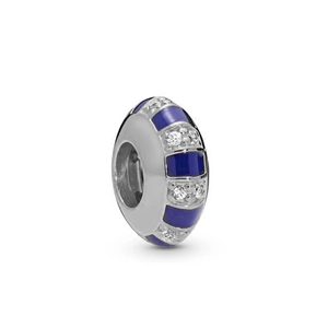 Makro-Detail von S925 Sterling Silber Charm-Perle mit blauer Emaille und Zirkon-Steinen