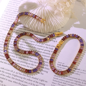 Vintage 18k gold plated necklace and bracelet set with colorful baguette-cut crystals