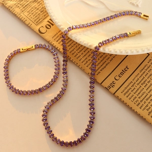 Vintage 18k gold plated titanium jewelry set with purple zircon tennis chain