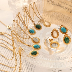 Franse Retro Titanium Staal Hanger Ketting Oorknopjes Set Ovaal Kunstmatige Turkoois Kattenoogsteen Hip Hop Sieraden