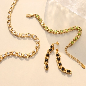 Moderna Collezione di Gioielli in Acciaio Inossidabile per Donna Zirconia Multicolore Quadrata Catena Cubana Collana Bracciale Orecchini