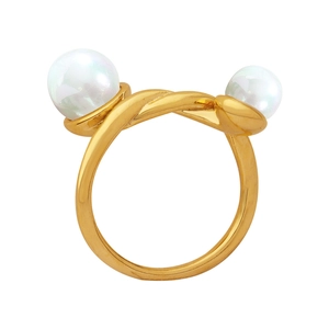Bague torsadée dorée avec deux perles asymétriques au style géométrique épuré