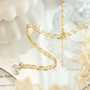 Elegante Titaniumstaal Y-Vormige Halsketting Met Imitatieparel Hanger 18K Verguld Vissenbek Ketting Sieraden Voor Dames
