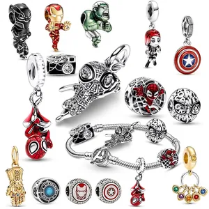 Marvel superhero themed charm bracelet set with Spider-Man and Iron Man enamel pendants
