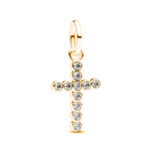 Mini golden Latin cross pendant with eleven inlaid clear round gemstones and top ring
