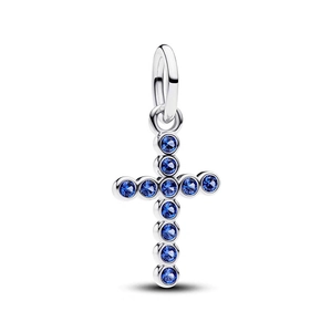 Silver cross pendant with 11 inlaid blue zircon stones on a clean white background