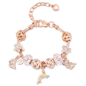 Women Rose Gold Zinc Alloy Charm Bracelet Rhinestone Crown Flower Heart Butterfly Pendant Adjustable Snake Chain Jewelry