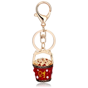 Porte-clés de Voiture Créatif Seau de Richesse Lingot Or Rouge Caractère Chinois Fortune Pendentif Alliage Strass Accessoire Sac Cadeau