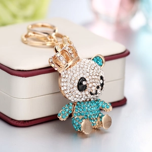 Cute Blue Bear Crown Rhinestone Keychain Alloy Crystal Inlaid Bag Pendant Charm For Car Keys Exquisite Handbag Jewelry Gift Women