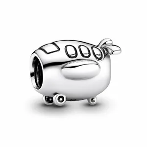 Silver-plated cartoon airplane charm bead for bracelets with detailed cockpit and wings