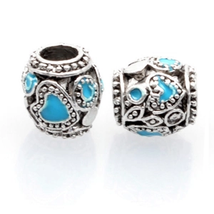 Handmade heart-pattern blue enamel barrel beads for ethnic DIY jewelry making