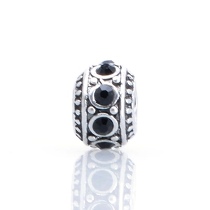 Vintage silver drum bead with black cubic zirconia stones and beaded edges for bracelets
