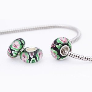 European style large hole glass flower beads on a silver snake chain bracelet set