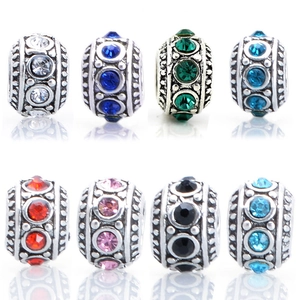 Vintage Alloy Rhinestone Large Hole Beads For DIY Pandora Style Bracelet Silver Plated Colorful Inlaid Jewelry Charms