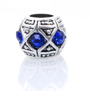 Retro silver bead with dark blue crystals and geometric texture for DIY jewelry