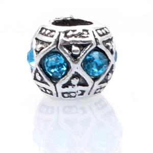 Retro hollow silver charm bead with sky blue crystals for DIY charm bracelets
