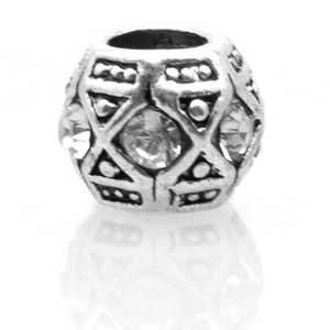 Vintage silver bead charm with sparkling rhinestones and geometric relief pattern