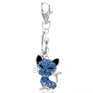 Cute cartoon cat keychain with vibrant blue rhinestones and silver lobster clasp