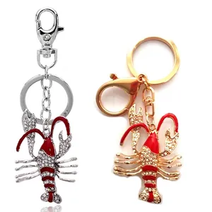 Porte-Clés Homard Créatif en Émail et Strass Pendentif Animal en Alliage pour Voiture Sac Charme Or Argent Porte-Clés en Métal Cadeau