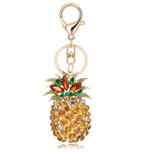 Creative pineapple keychain with colorful rhinestones and gold lobster clasp with reflection