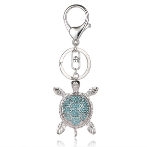 Silver turtle keychain with light blue rhinestones for bags and car keys