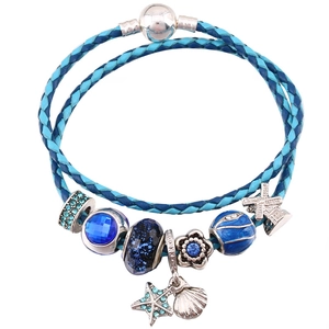 Bracciale in pelle blu intrecciata con perline cielo stellato e ciondolo a mulino