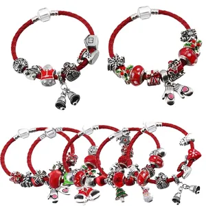 Weihnachten Rotes Geflochtenes Lederarmband Für Damen Legierung Emaille Weihnachtsmann Schneeflocke Charms Schmuck Geschenk