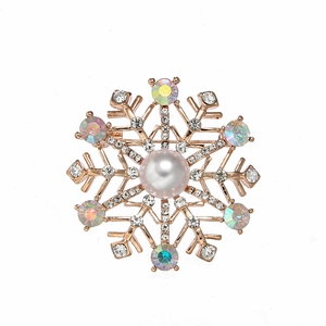 Élégante Broche Flocon de Neige en Alliage d'Or Rose Avec Grosse Künstliche Perle Blanche et Strass Colorés Bijoux de Noël d'Hiver pour Femmes