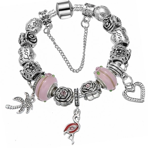 Bracelet à breloques argenté avec perles roses, pendentifs flamant rose et palmier