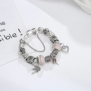 Bracelet à breloques cœur rose et palmier style Pandora avec chaîne serpent argent