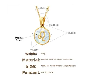 Macro detail of Leo zodiac pendant crafted with white shell inlay and 18K gold plated steel