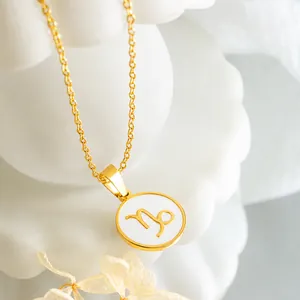 Gold Capricorn necklace with white sea shell inlay and round zodiac pendant for women