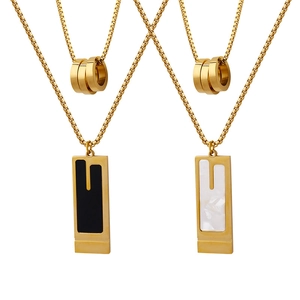 Double-layer gold stainless steel necklaces with rectangular pendants and ring accents