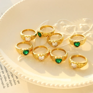 French Heart Shaped Rhinestone Titanium Steel Ring For Women Vintage Gold Silver Color Green Clear Aesthetic Fashion Jewelry Finger Ring