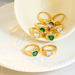 French heart-shaped glass stone rings in gold finish with green and white gems
