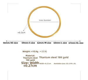 Size guide for stainless steel gold bangle showing inner diameters and weights