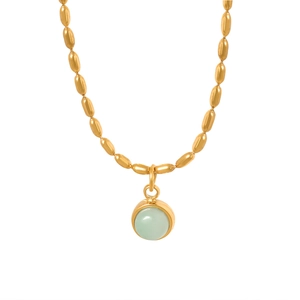 Collier élégant en acier titane doré avec pendentif pierre ronde verte et chaîne à billes