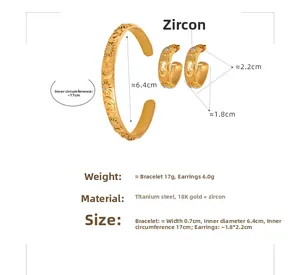 Detail showing dimensions of titanium steel bangle and earrings with zircon inlay