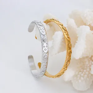 Star and moon engraved titanium steel open bangles with sparkling zircon in gold and silver