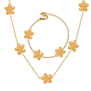 Goldenes Set aus Edelstahl-Halskette und Armband mit floralen Perlenmuster-Verzierungen