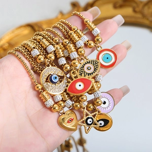 Retro 18K gold plated evil eye charm bracelet with colorful enamel hearts and star pendants