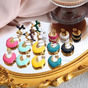 Vintage Titanium Steel Enamel Earrings Macaron Color Balloon Dog Stud Earrings 18K Gold Plated C-Shaped Hoop Earrings For Women