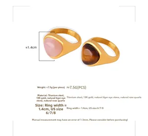 Detail of 18K gold plated titanium ring with rose quartz and tiger eye stones