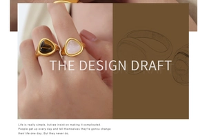 Detailed design draft of triangular rings with tiger eye and rose quartz inlay