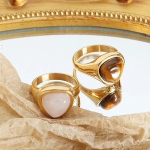Vintage Natural Tiger Eye Stone Titanium Steel Ring For Women 18K Gold Plated Rose Quartz Geometric Signet Ring Jewelry Gift