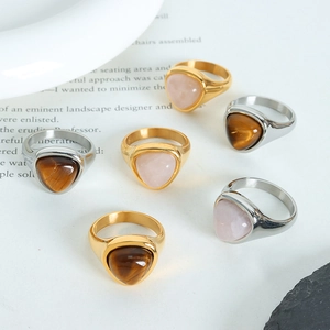Retro triangle tiger eye stone and rose quartz rings in 18k gold plated titanium steel