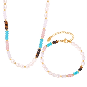 Ensemble collier et bracelet en perles naturelles et œil de tigre avec acier inoxydable