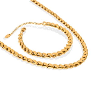 Golden titanium steel jewelry set with V-shaped link necklace and matching bracelet