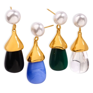 Set of 4 gold teardrop earrings with pearl studs in black, blue, green and clear resin
