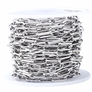 Polished stainless steel rectangular cross chain on a white spool for DIY jewelry making